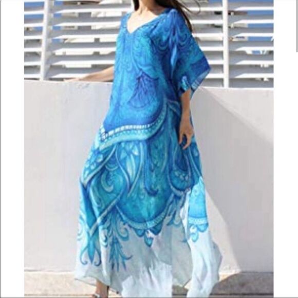 NEW Aqua Print Kaftan Beach Dress - Picture 2 of 6